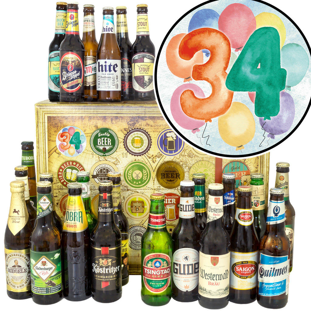 Geburtstag 34 | 24 Flaschen Biere Welt und Deutschland | Präsent